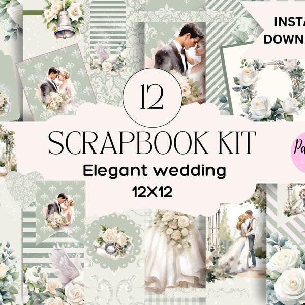 Wedding scrapbook kit printable elegant wedding digital scrapbook kit paper and embellishments green and beige