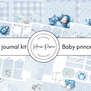 Kit de diário de lixo para bebê novo, kit de diário de lixo para menino príncipe para impressão, kit de álbum de recortes para menino, kit de diário digital para menino azul