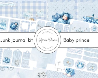 May include: Printable junk journal kit with a blue and white color scheme. The kit includes tags, papers, and embellishments with a baby prince theme. The text "Junk journal kit" and "Baby prince" are included in the image.