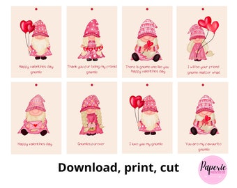 Gnome valentine tag, Gnome gift tags, Printable valentine tags, Valentine gnome, Valentine gift tags, Printable kids valentines