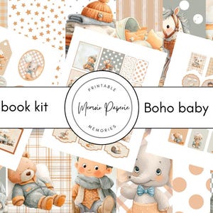May include: A scrapbook kit with a "Boho baby nursery" theme. The image features illustrations of teddy bears, ducks, and other baby-related graphics in soft, neutral colors. The text "Scrapbook kit" and "Boho baby nursery" are displayed.