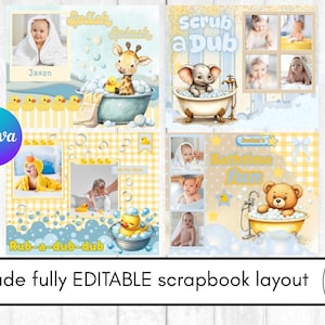 Baby bath time editable scrapbook Canva template, Premade baby journal layout