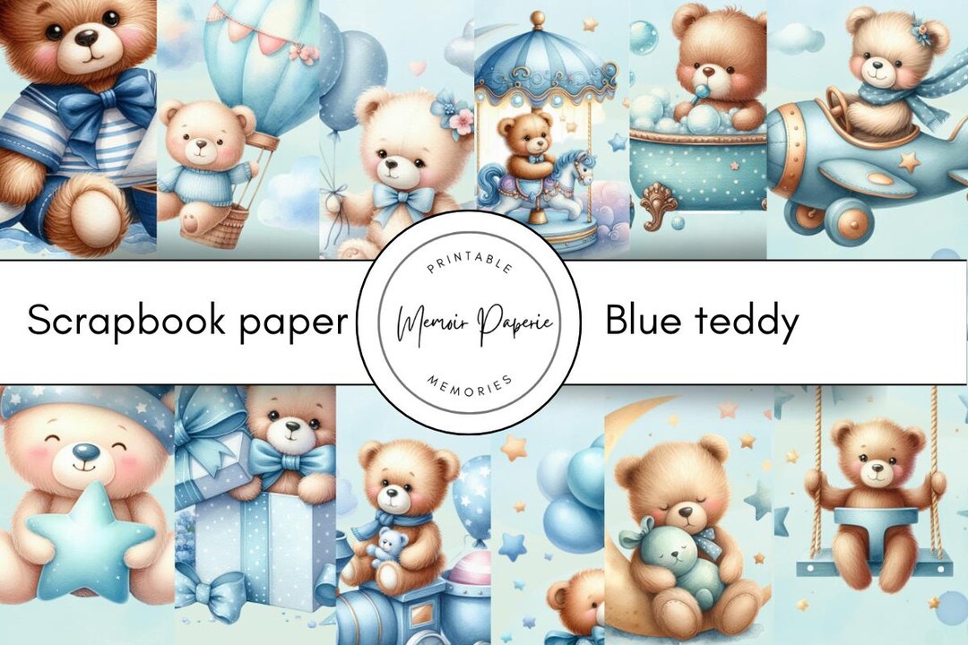 Watercolor Teddy Bear Scrapbook Paper: Baby Blue Patterns (digital ...