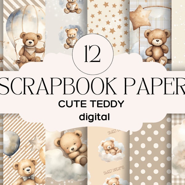 Teddy bear digital scrapbook paper 12x12 inches, Boho teddy printable scrapbook paper set of 12, Baby bear scrapbook paper digital download