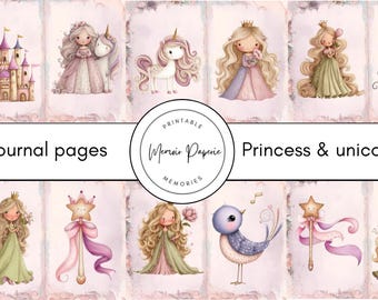 May include: A collection of printable journal pages featuring watercolor illustrations of princesses, unicorns, castles, and a carriage. The text "Journal pages" and "Princess & unicorns" are displayed. The Memoir Paperie logo is also visible.