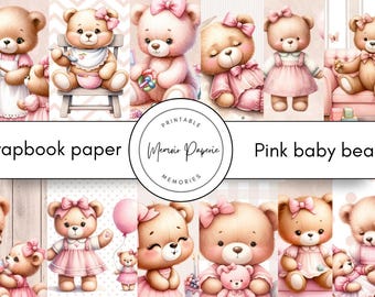 Papel de álbum de recortes de osito rosa: Patrones de ositos de peluche (Descarga digital)