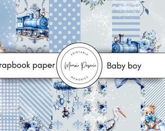 Plakboekpapier babyjongen met bloemen: 12 afdrukbare pagina's (digitale download)