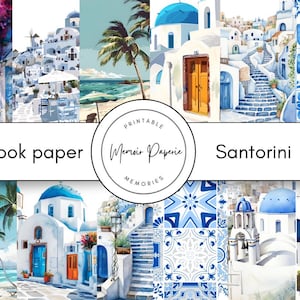 Pacchetto di carta con motivi per scrapbooking di Santorini, Grecia, carta per scrapbooking estiva digitale di Santorini, carta stampabile per Santorini mediterranea