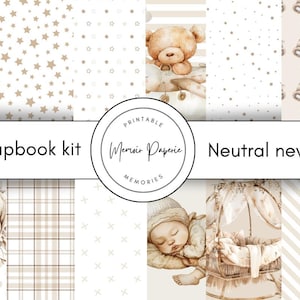 Neutral newborn baby scrapbook kit printable, Neutral baby scrapbook paper and embellishments digital download, Baby scrapbook kit boho