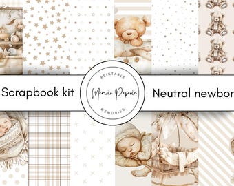 Neutral newborn baby scrapbook kit printable, Neutral baby scrapbook paper and embellishments digital download, Baby scrapbook kit boho