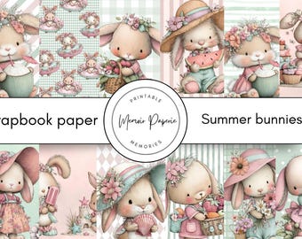 May include: A collage of watercolor illustrations featuring adorable bunny characters in summer settings. The bunnies are depicted with floral accents, hats, and holding items like watermelon and ice cream. The text "Scrapbook paper" and "Summer bunnies" is visible.