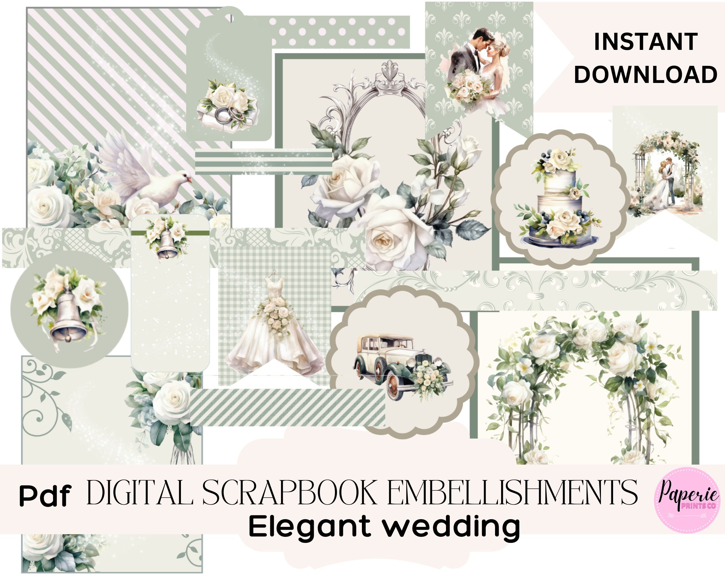 Wedding scrapbook paper printable Elegant wedding scrapbook paper digital  download set of 12