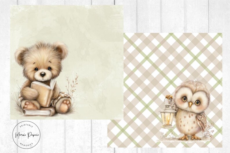 May include: A digital illustration features a teddy bear reading a book and an owl holding a lantern. The bear is light brown with a book in its paws. The owl is white and brown with a lantern. The background is a soft green.