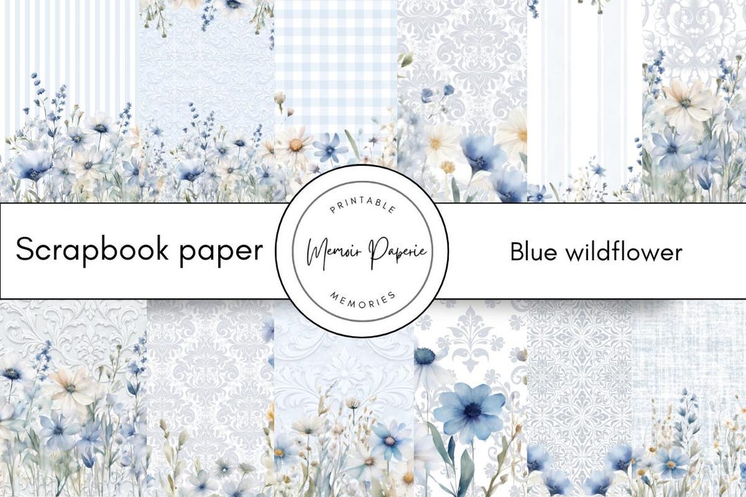 Blue Wildflower Scrapbook Paper, 12x12 Patterned Pages (digital ...
