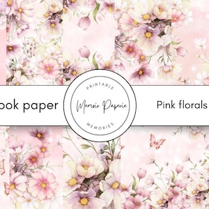 May include: Printable scrapbook paper with a pink floral design and butterflies. The paper has a watercolour effect with various pink and white flowers. The text "Scrapbook paper" and "Pink florals" are displayed on the image.