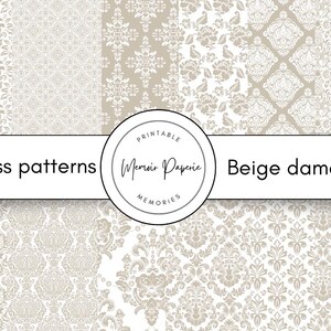 May include: A collection of beige damask seamless patterns. The patterns feature floral and ornamental designs in various shades of beige and off-white. The text "Seamless patterns" and "Beige damask" are displayed.