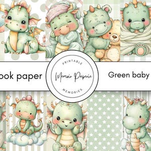 以下が含まれることがあります： 様々なポーズの愛らしい緑色のベビー ドラゴンを描いた水彩イラストのコレクション。風船を持ったり、テディベアを抱きしめたり、毛布に包まれたドラゴンもいます。「Scrapbook paper」と「Green baby dragon」の文字が含まれています。