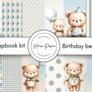 Kit de scrapbook de urso de aniversário para impressão: enfeites de diário digital (formato PDF)