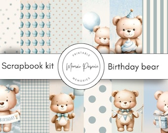 May include: A scrapbook kit with a blue and white colour scheme featuring a birthday bear theme. The kit includes various patterns with stars, polka dots, cupcakes, and gingham. The text "Scrapbook kit" and "Birthday bear" are included in the image.