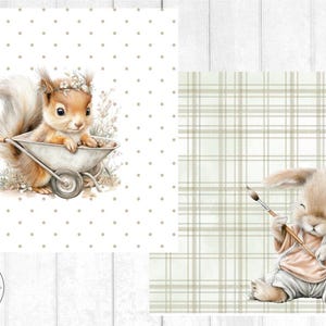 May include: Watercolor illustration featuring a cute squirrel in a wheelbarrow and a bunny holding a paintbrush. The squirrel has a floral crown. The bunny is wearing a shirt and pants. The background has a polka dot and plaid pattern.