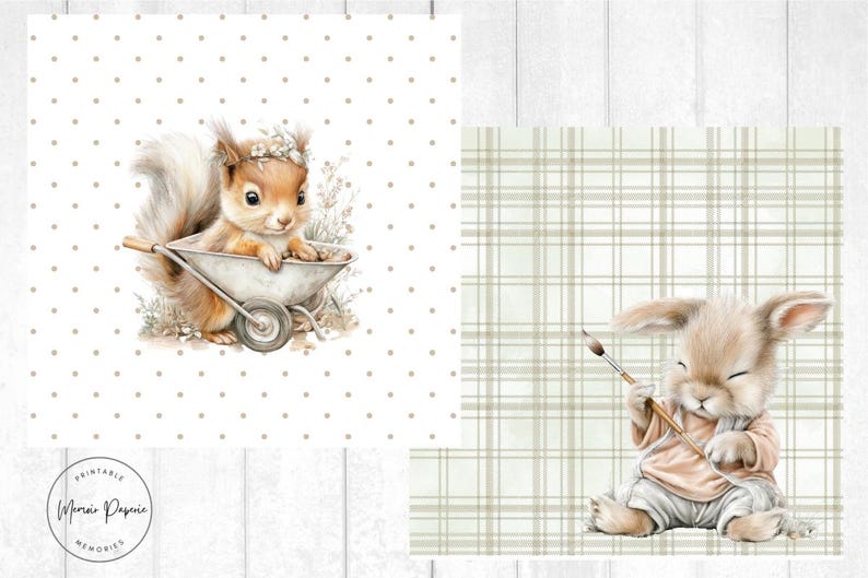 May include: Watercolor illustration featuring a cute squirrel in a wheelbarrow and a bunny holding a paintbrush. The squirrel has a floral crown. The bunny is wearing a shirt and pants. The background has a polka dot and plaid pattern.