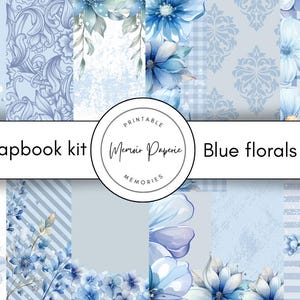 Pale blue floral scrapbook kit digital, Blue floral junk journal kit printable, Scrapbook kit papers and embellishments