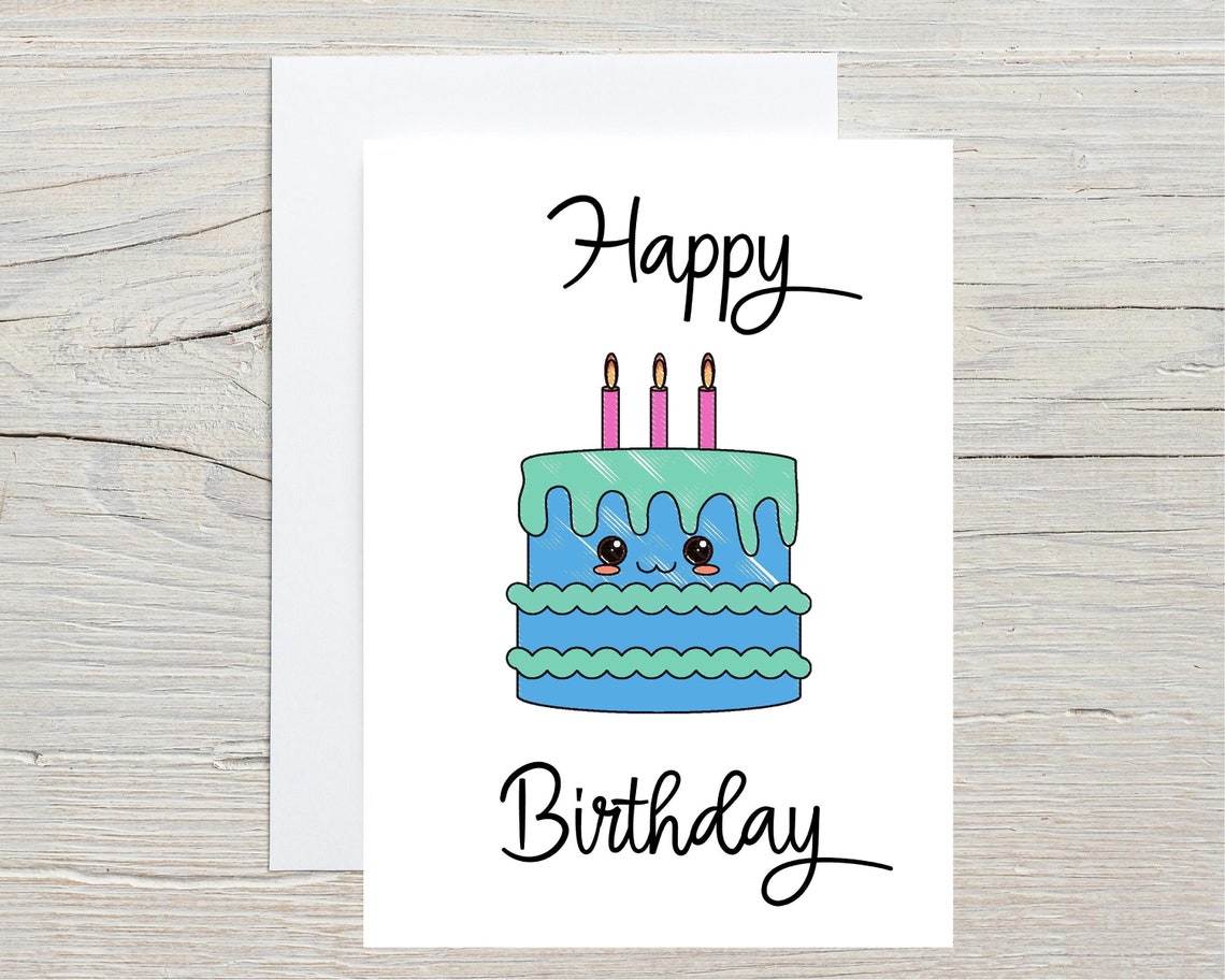 Cute Kawaii Birthday Cake Card Kawaii Happy Birthday Greeting Etsy