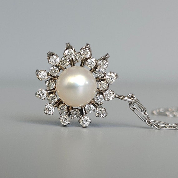 Mid Century Saltwater Pearl & Diamond "Snow Flake… - image 1