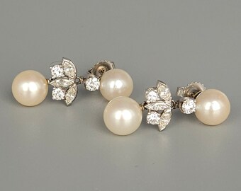 Fine Mid Century 2.30ct Diamond & Pearls 14K White Gold Drop Earrings Estate High Quality Fine Jewelry  Circa 1950&#39;s