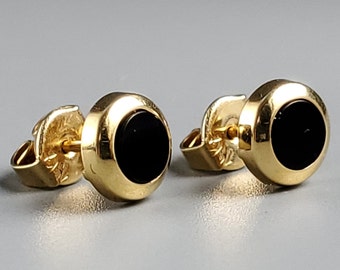 Estate Onyx 14K Gold Heavy Bezel Studs UNISEX Jumbo Le Pousette back Vintage Earrings Jewelry High Quality!