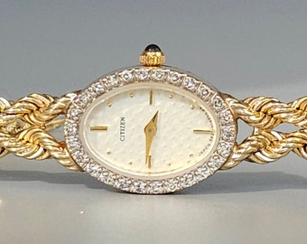 Vintage 14K Gold Diamond Halo Citizen Dinner Wristwatch Circa 1977 Time Piece