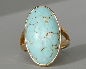 14.40ct Cabochon Natural Turquoise 14K Gold Antique Reclaimed Large Cocktail Ring Statement Fine Jewelry UNISEX