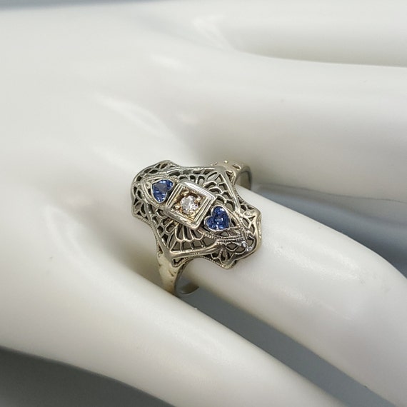 Art Deco Diamond Heart Sapphire Filigree Navette … - image 7