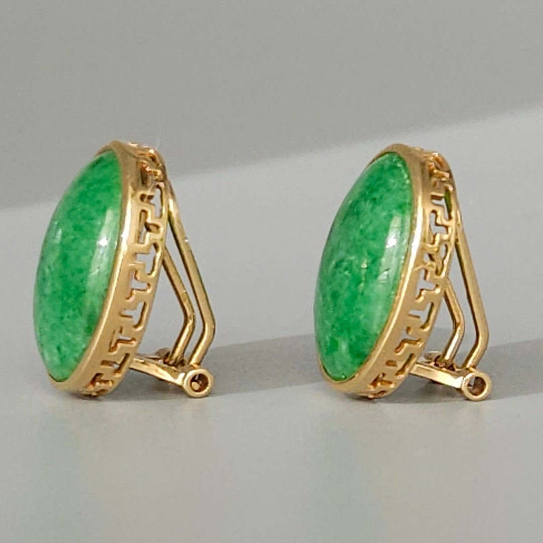 Midcentury Cabochon Apple Jade 14K Gold Large Buttons Clip Earrings