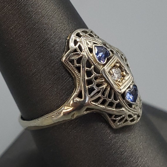 Art Deco Diamond Heart Sapphire Filigree Navette … - image 6