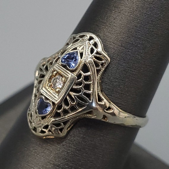 Art Deco Diamond Heart Sapphire Filigree Navette … - image 4