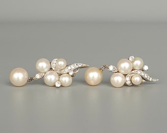 Mid Century Cultivated Pearl Diamond 14K Gold Dangle Clip backs Earrings Fine Jewelry Bridal