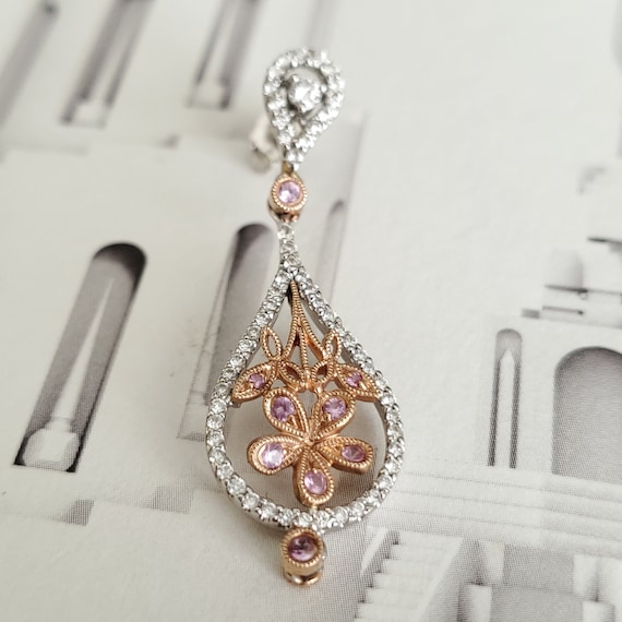 Vintage Diamond & Pink Sapphire Chandelier 14K Ro… - image 9