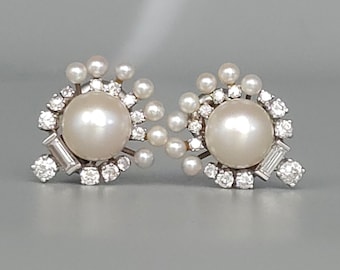 Mid Century Pearl Diamond Platinum Clip On Earrings Estate Fine Jewelry