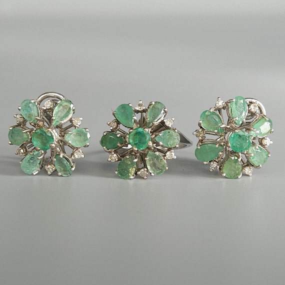 Art Deco Emerald Diamond Palladium Vintage Daisy … - image 2