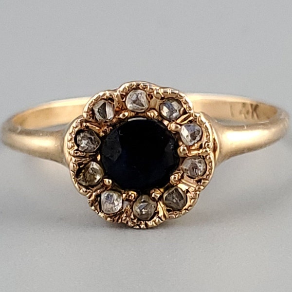 Antique Victorian Sapphire Diamond Daisy 14K Gold Ring - Victorian 14K Gold Sapphire Diamond Engagement Ring - Antique 14K Gold Daisy Ring