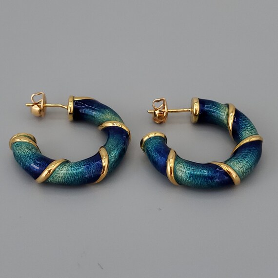 Estate Guilloche Enamel 14K Gold Chunky Hoop Earr… - image 2