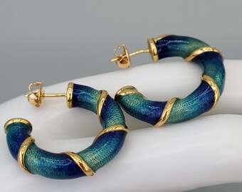 Estate Guilloche Enamel 14K Gold Chunky Hoop Earrings bright Blue & Green rainbow Vintage Fine Jewelry