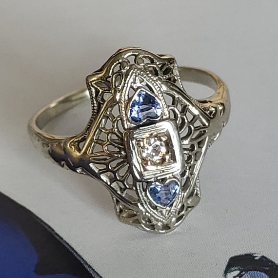 Art Deco Diamond Heart Sapphire Filigree Navette … - image 9