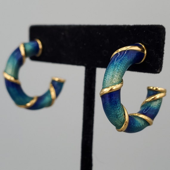 Estate Guilloche Enamel 14K Gold Chunky Hoop Earr… - image 6