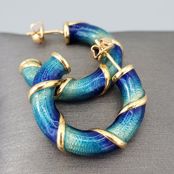 Estate Guilloche Enamel 14K Gold Chunky Hoop Earr… - image 5