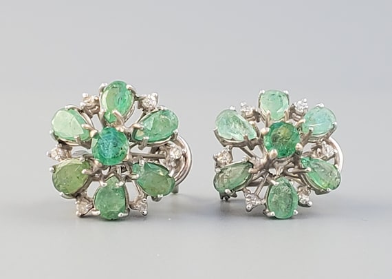 Art Deco Diamond & Emerald Palladium Earrings - Fi
