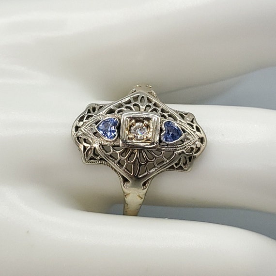 Art Deco Diamond Heart Sapphire Filigree Navette … - image 1