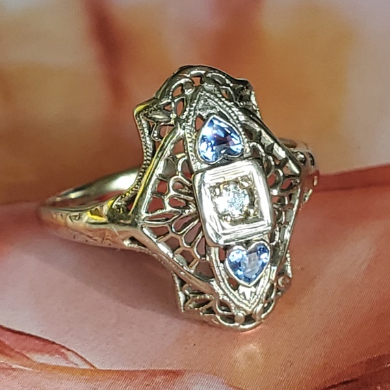 Art Deco Diamond Heart Sapphire Filigree Navette … - image 10