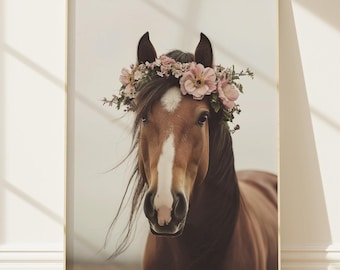 Whimsical Brown Horse Wall Art, Horse With Flower Crown Print, Pretty Horse Poster, Girls Room Decor